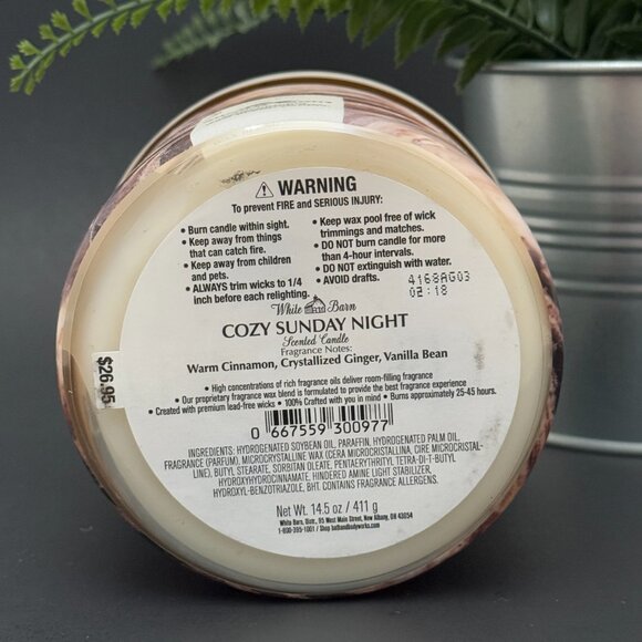 BBW Cozy Sunday Night White Barn Bath & Body Works 3 Wick Candle - Picture 9 of 10